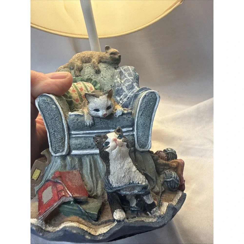 Vintage Cat Lady Table Lamp Chair Cats Kittens Yarn Comfy Chair Resin Grannycore
